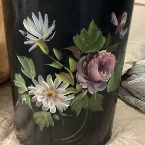 Floral Vintage Hand   Painted Black Metal Wastecan